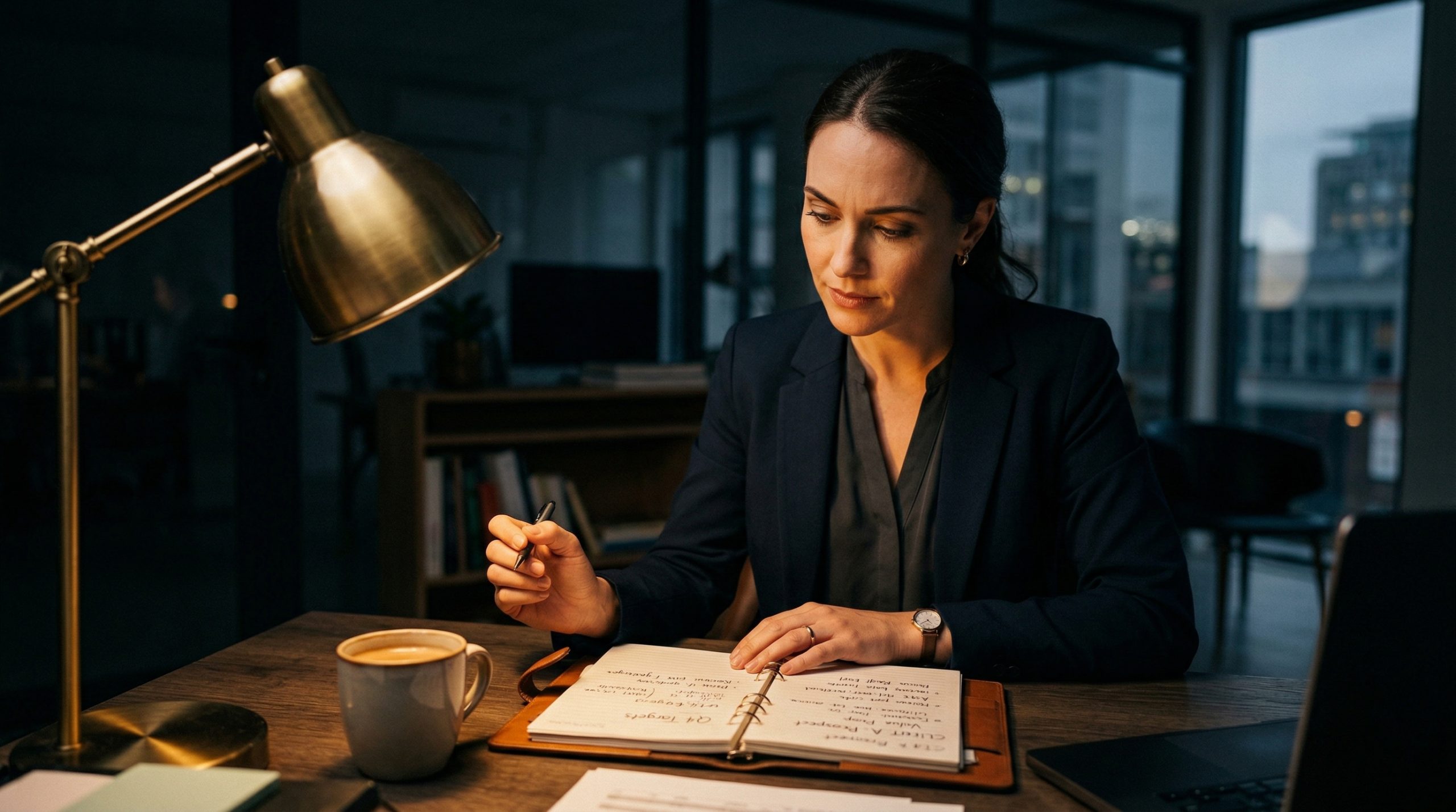 Sales professional reviewing notes before a call, dark office with gold desk lamp