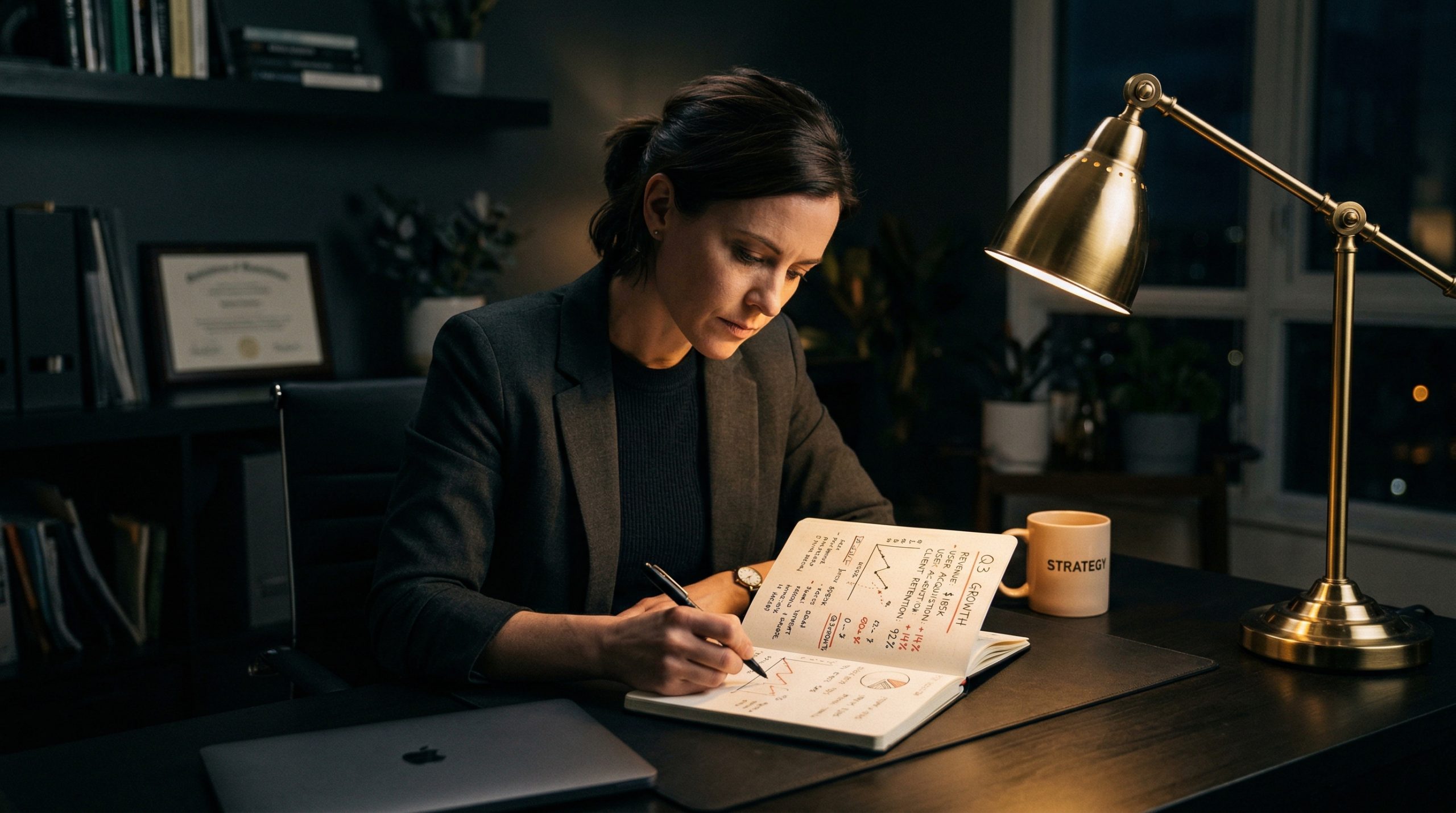 Coach reviewing performance metrics notebook under gold desk lamp in dark office