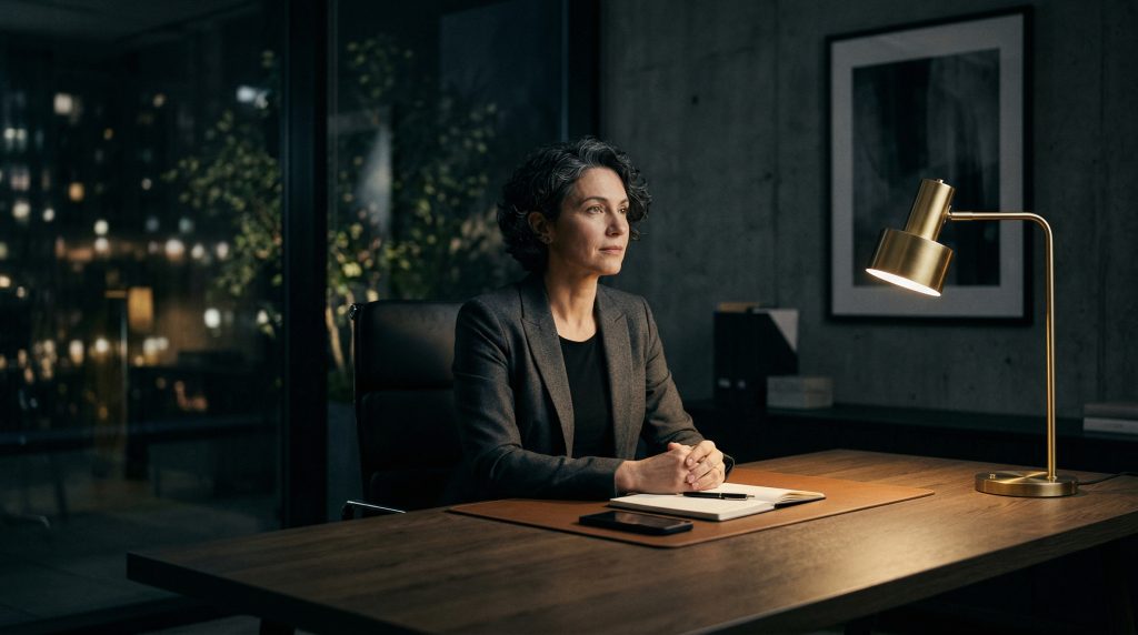Sales coach sitting in silence at dark minimalist desk with gold lamp, phone face-down