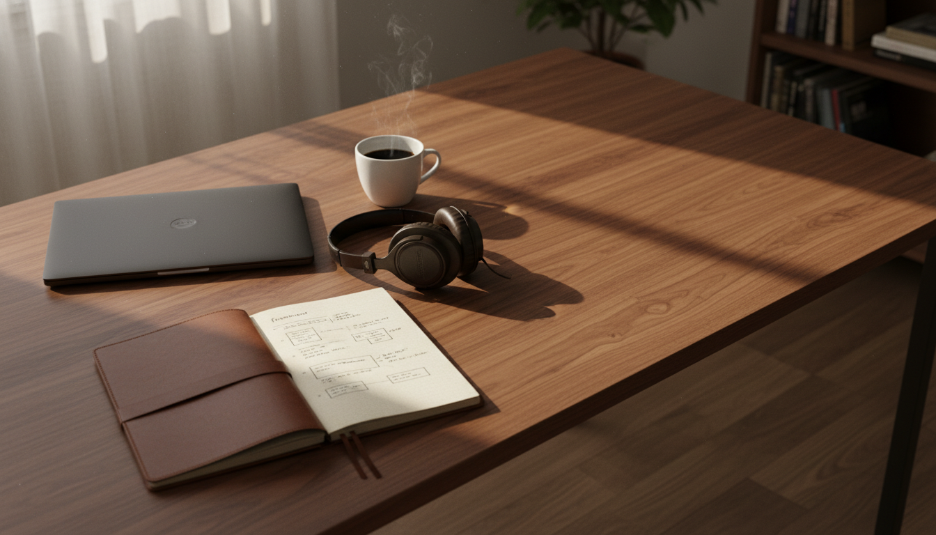 Remote closer reviewing sales call notes at a laptop, working through coaching framework
