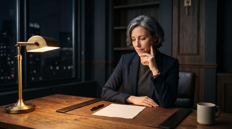 A professional sitting alone at a desk at night, deciding, calm and reflective