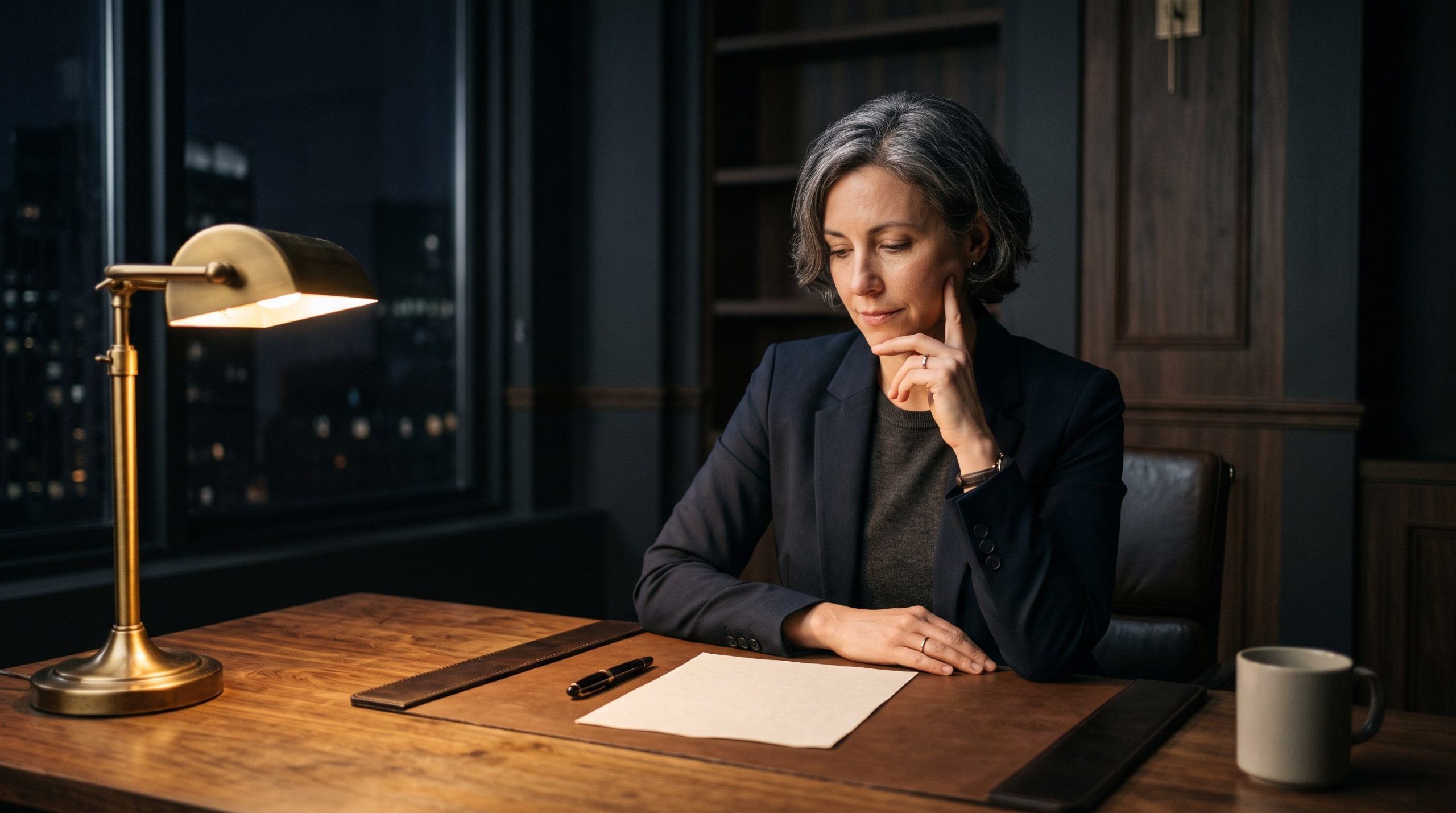 A professional sitting alone at a desk at night, deciding, with a calm and reflective expression