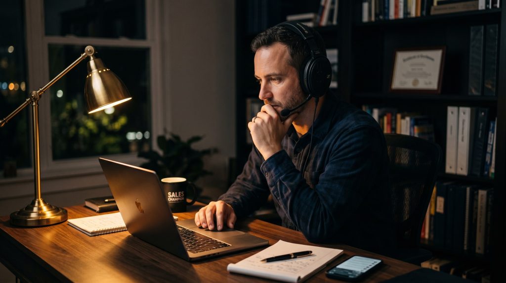 Sales coach on a video call listening intently at a lamp-lit desk while reading the buyer's tone