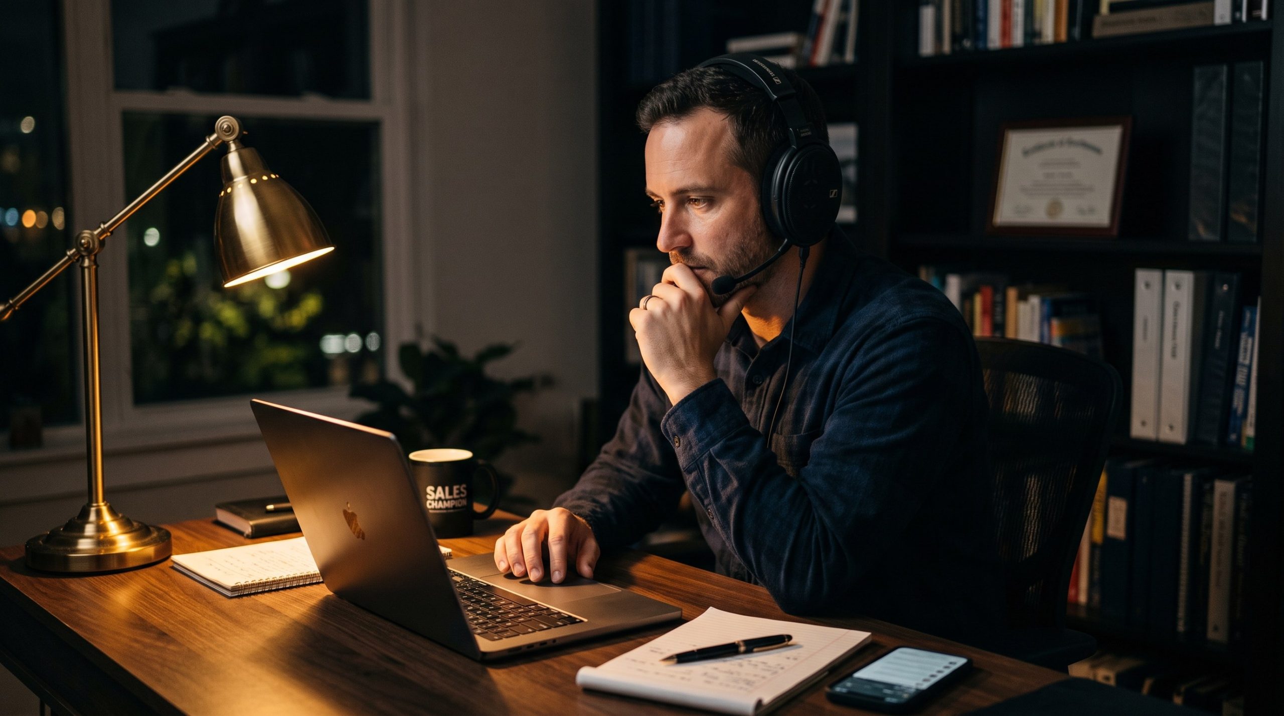 Sales coach on a video call listening intently at a lamp-lit desk while reading the buyer's tone