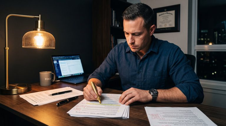 Sales coach reviewing a printed sales call transcript at night, highlighting a line with a gold marker