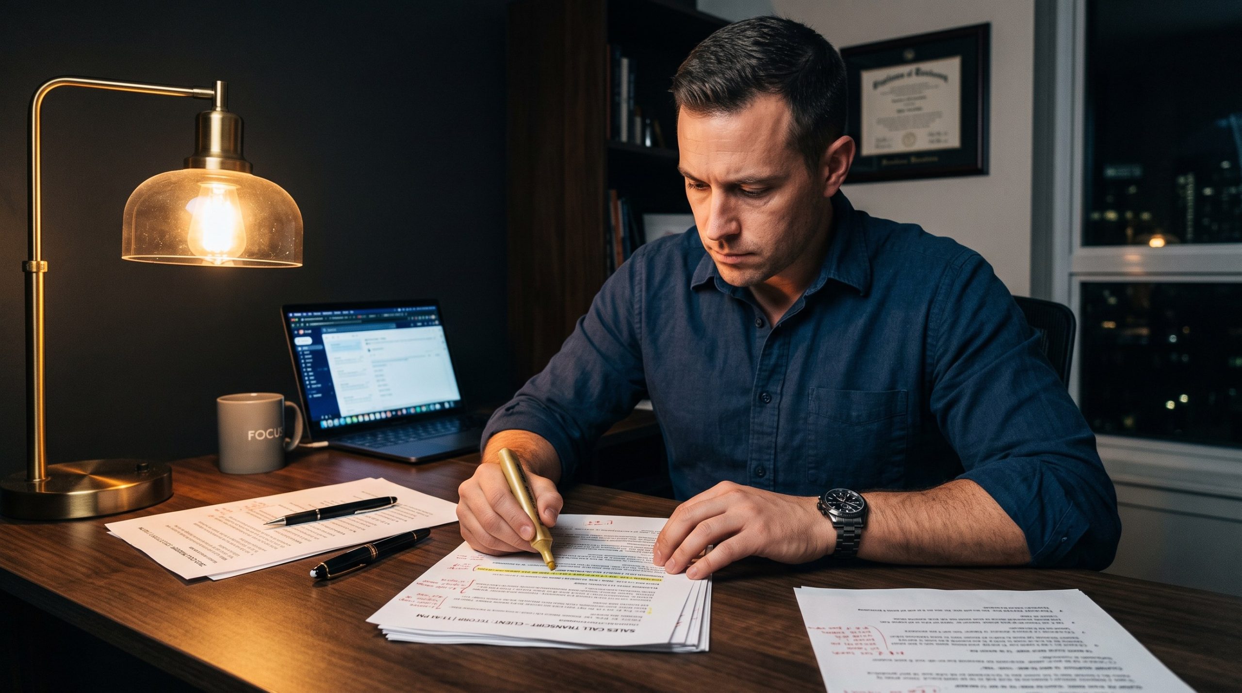Sales coach reviewing a printed sales call transcript at night, highlighting a line with a gold marker