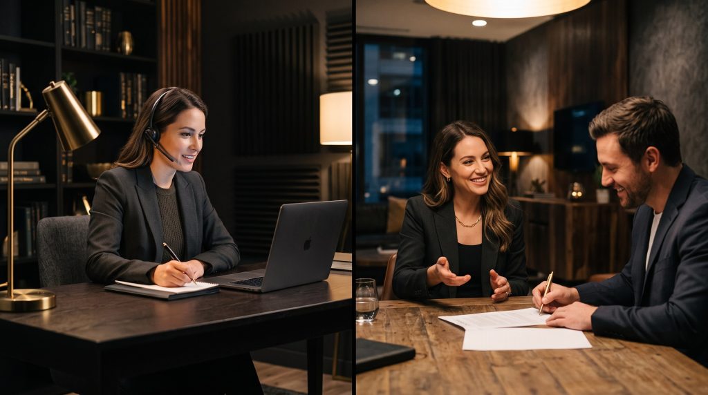 A coach on a video sales call beside two people closing a deal in person, illustrating how to close on a video call vs in person