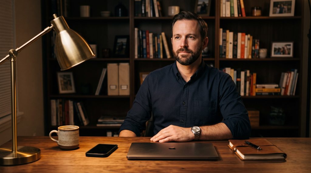 A composed sales professional at his desk with his phone face-down, choosing not to chase a follow-up