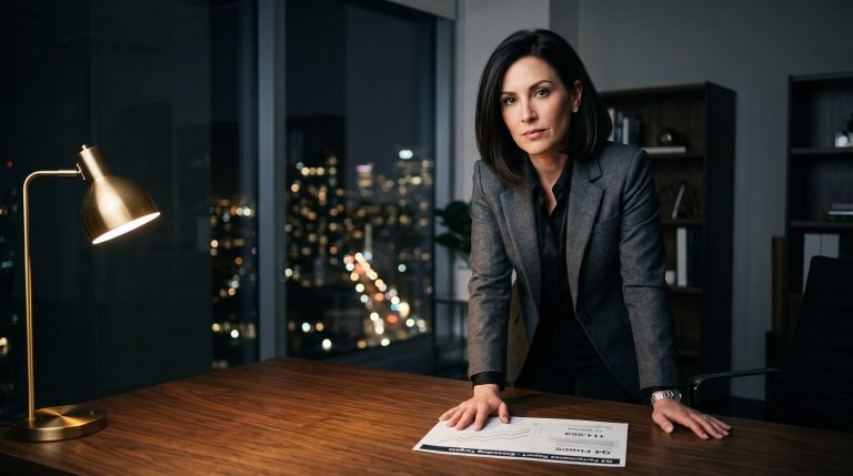 Decisive results-focused Warrior buyer weighing a high-ticket decision at a lamp-lit desk in a dark office