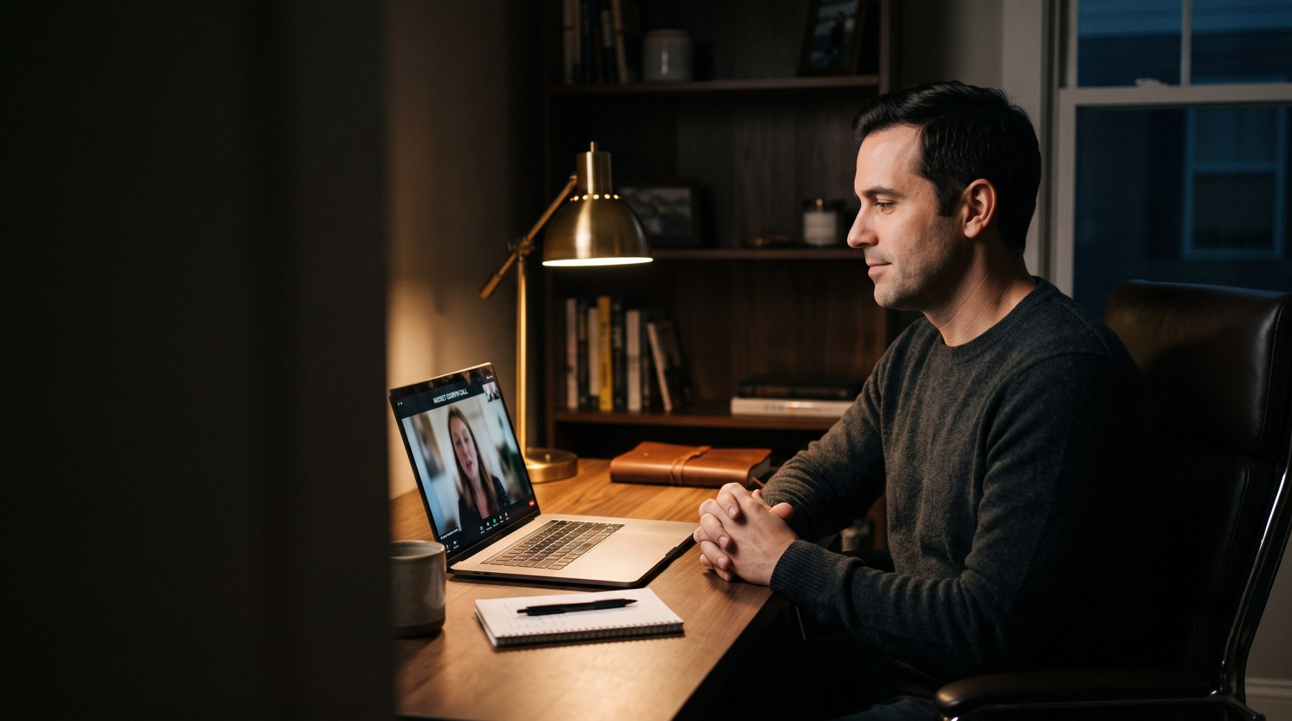 A composed high-ticket sales coach listening calmly on a video call while the prospect does the talking