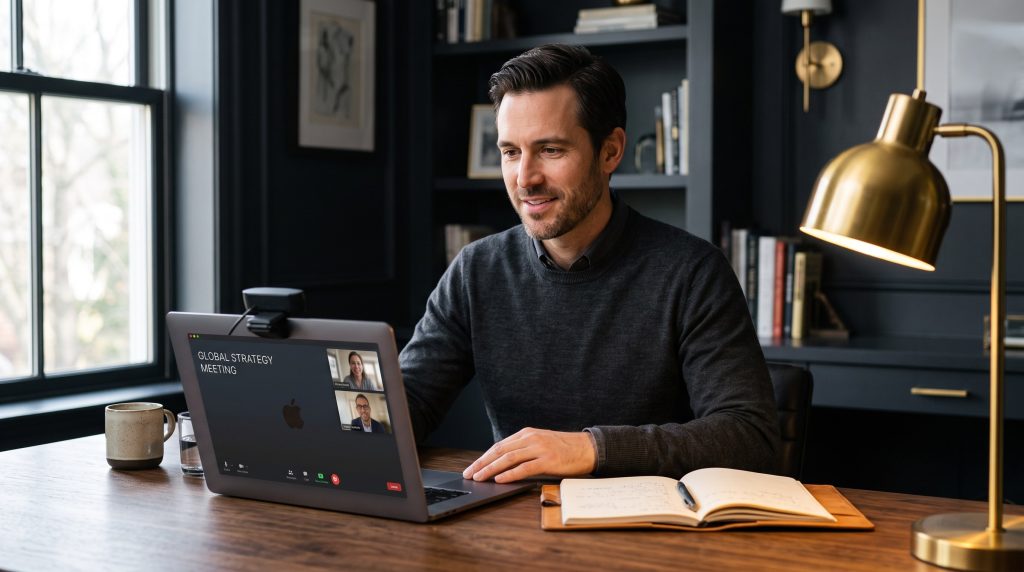 Sales coach calmly opening a video call at a lamp-lit desk, setting the frame in the first few minutes
