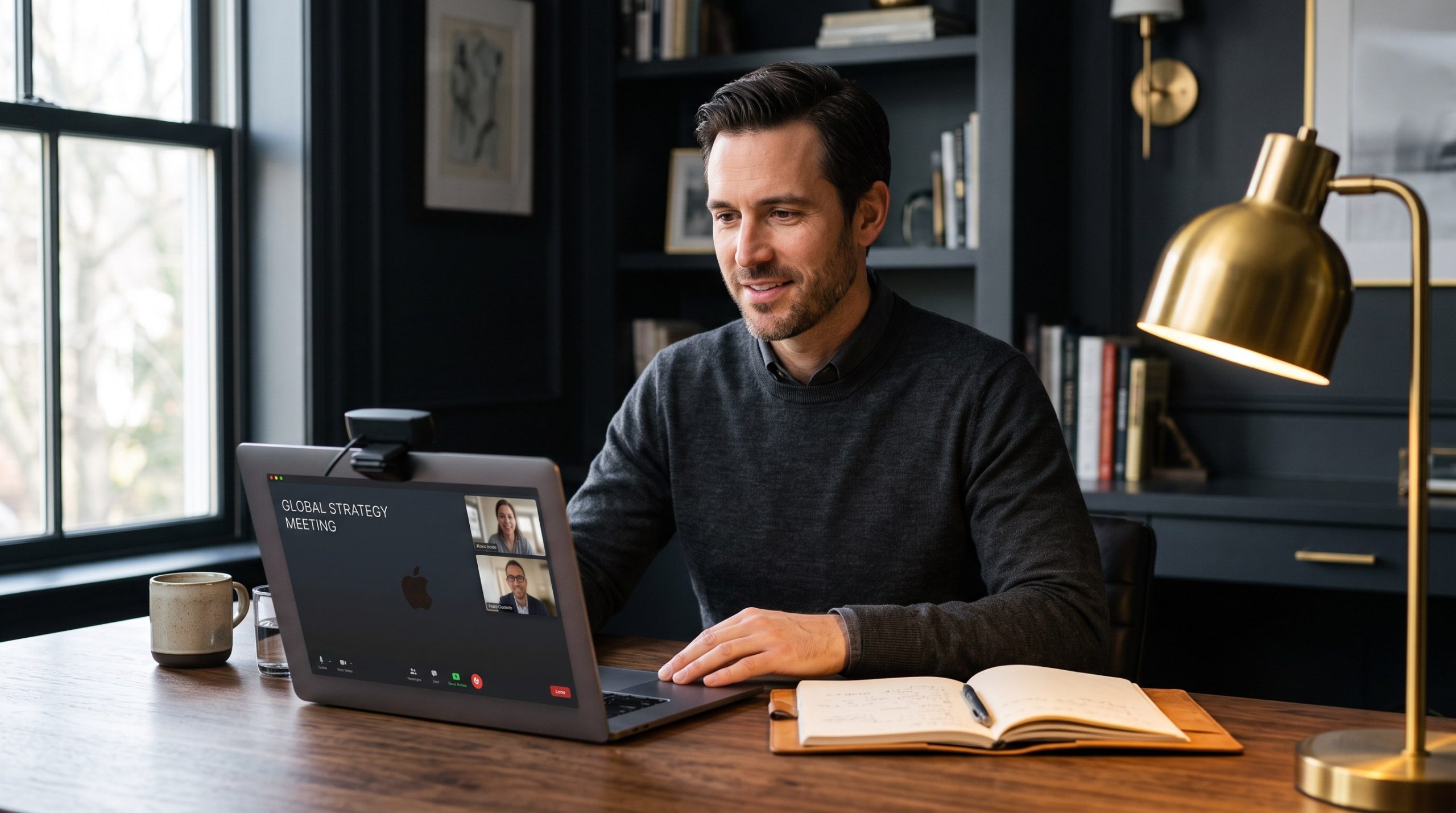 Sales coach opening a call at a lamp-lit desk, calm and unhurried, setting the frame in the first few minutes
