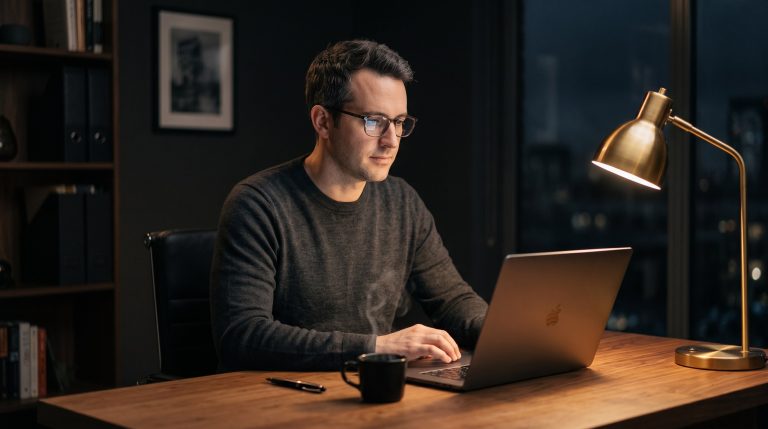 Remote closer reviewing a sales call transcript at a desk at night, focused and calm