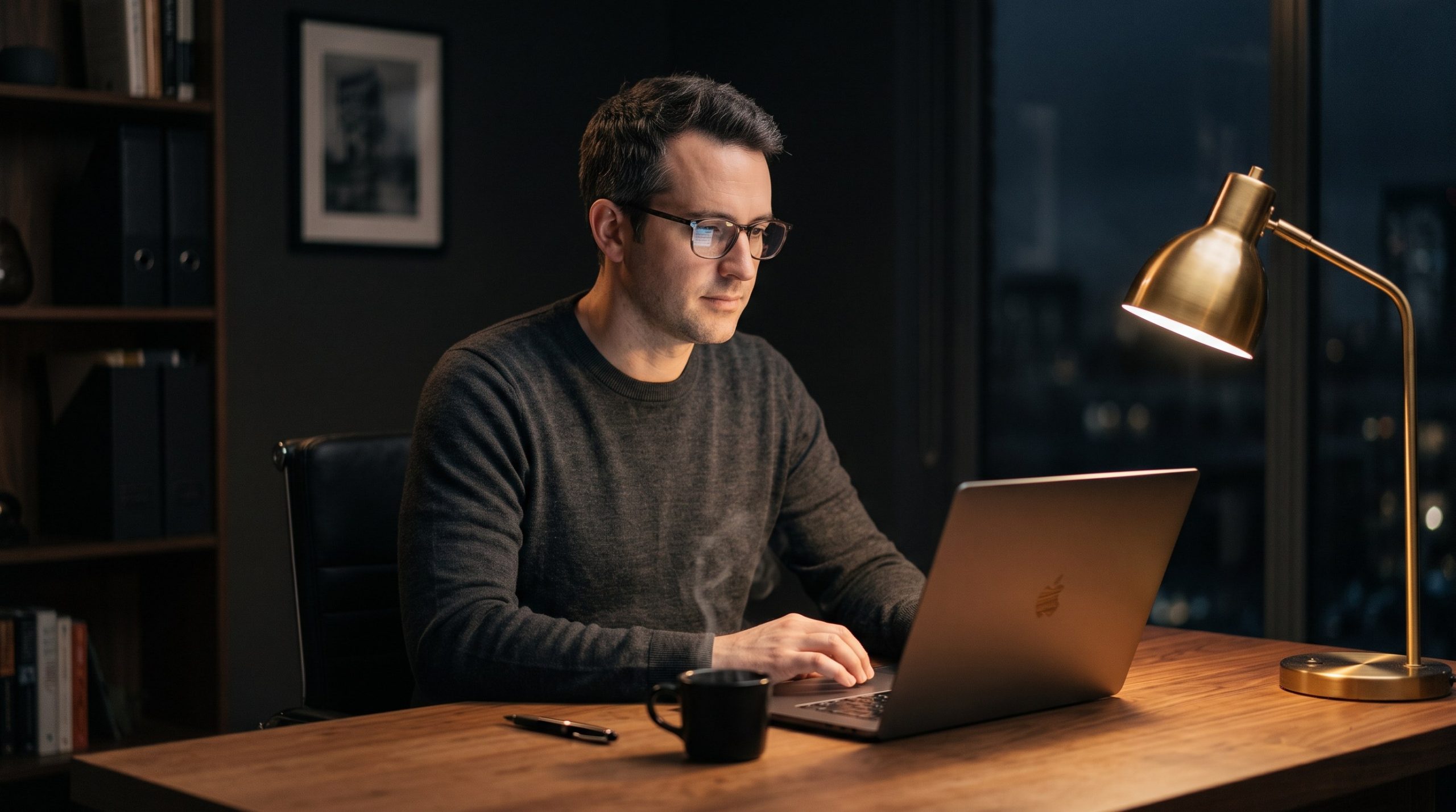 Remote closer reviewing a sales call transcript at a desk at night, focused and calm