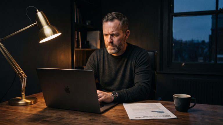 A B2B consultant working late, looking at an unanswered email thread with a printed proposal on the desk beside him